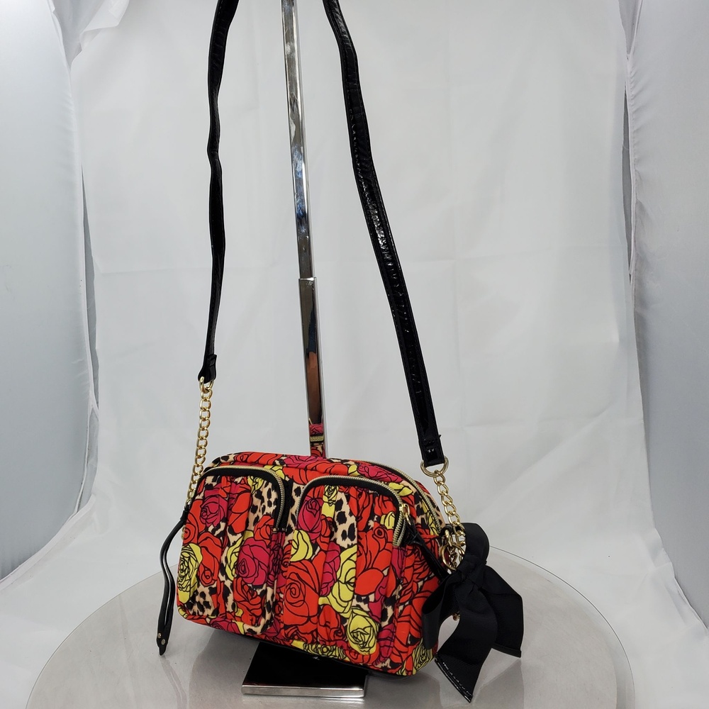 Betsey Johnson Floral Leopard Rose Print Small Chain Crossbody Bag Bow Charm